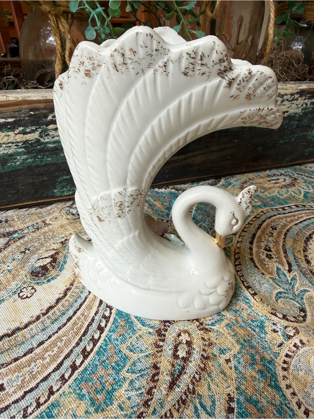 Swan Vase Pink Roses Gold Trim Vintage Ceramic Planter Vase Cottage Chic - Picture 2 of 9